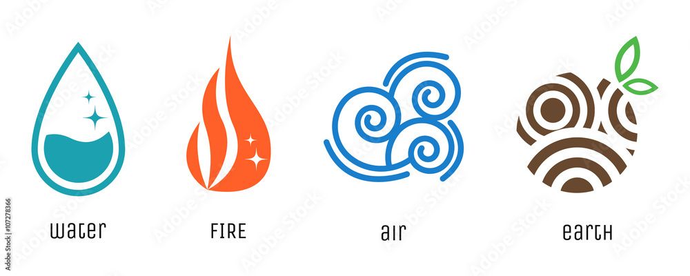Four elements flat style symbols. Water, fire, air and earth signs. Vector abstract nature icons. - obrazy, fototapety, plakaty 