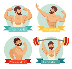 you can do it motivational and inspirational poster set. gym, bodybuilding, concept image, beard. is