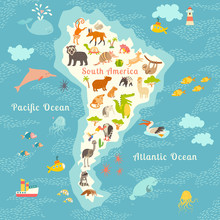 Animals World Map, Sorth America. Vector Illustration, Preschool, Baby, Continents, Oceans, Drawn, Education, Earth