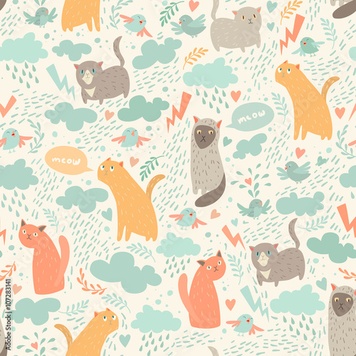 Cotton fabric Cute cats vector seamless pattern. With hearts, birds, leaf