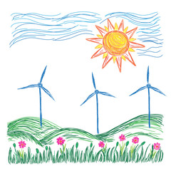 Wind turbines landscape illustration, sketch