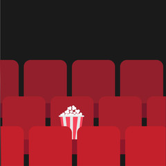 Wall Mural - popcorn box on red seat. movie theater hall. film show cinema background. flat design