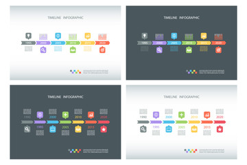 Aufkleber - Set of timeline infographic design templates. Timeline infographic with diagrams and text. Vector illustration for workflow layout, diagram, number options, web design, business presentation.