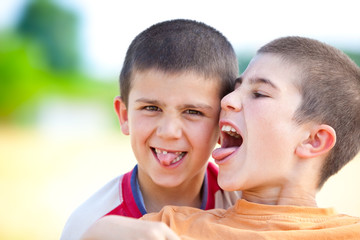 beautiful funny young smiling brothers play outdoor in countryside