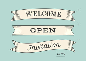 Wall Mural - set of old vintage ribbon banners and drawing in engraving style with word welcome, open and invitat