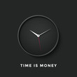 Icon of black clock face with shadow and message Time is Money on dark wall background. Vector Illustration