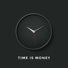 icon of black clock face with shadow and message time is money on dark wall background. vector illus