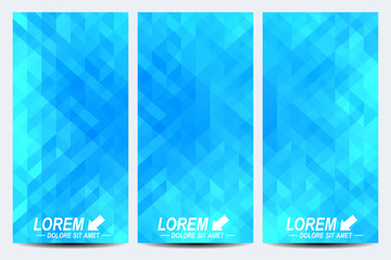 Poster - Blue set of vector flyers. Background with light blue triangles. Flyer, web, banner, card, vip, certificate, gift, voucher. Modern business stylish design