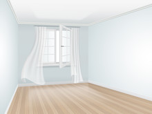 Empty Room With Blue Wall And Open Window. Window Decorated With Transparent Curtains. Vector Interior Perspective.