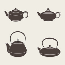 Set Isolated Icon Silhouette Teapots