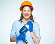 Smiling Woman Builder Worker With Drill