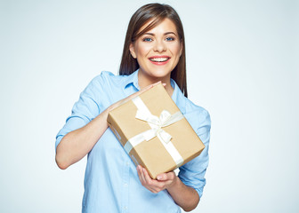 Beautiful woman hold gift box.