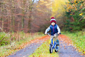 Poster - Little kid boy with bicycle in autumn forest