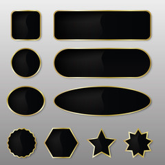 Elegant set of 10 luxury vector black, gold web buttons in various shapes. Includes glossy square, round, star, and oval designs — perfect for modern UI, websites, or e-commerce templates.