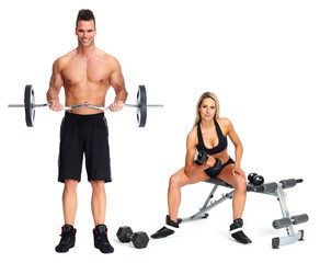 Wall Mural - Strong man and woman with barbell.