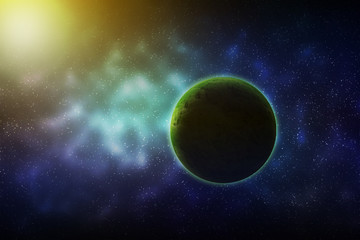 Wall Mural - planet green in the colorful universe galaxy.
