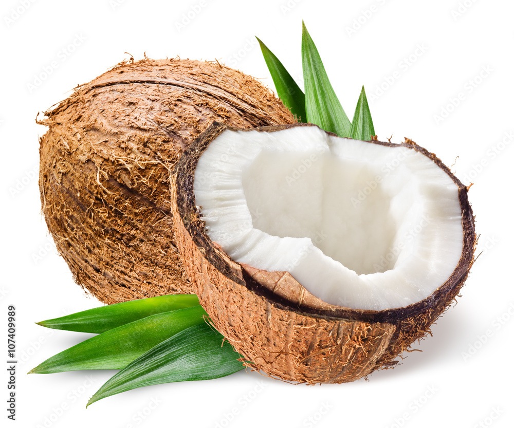 Coconut with half and leaves on white background - obrazy, fototapety, plakaty 