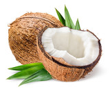 Fototapeta  - Coconut with half and leaves on white background