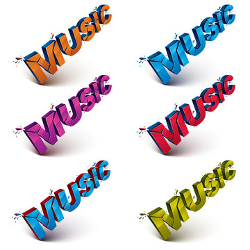 Collection of 3d music word broken into pieces, demolished vector