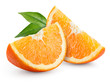 Orange fruit. Slices with leaves isolated on white.
