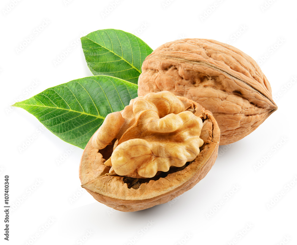 Walnut with leaves isolated on the white background. With clippi - obrazy, fototapety, plakaty 