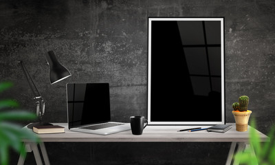 Poster - Laptop and poster frame on office desk. Coffee, cactus, notebook, lamp on table.