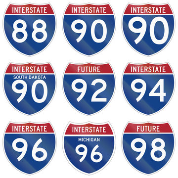 Collection of Interstate highway shields used in the US