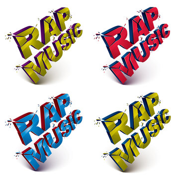 Set of 3d shattered vector rap music words created with refractions