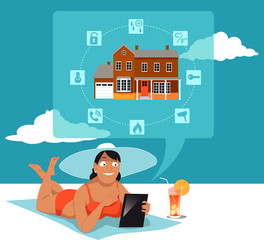 Wall Mural - Woman in a swimsuit and a hat relaxing on a beach and monitoring her home security system on a tablet computer, EPS 8 vector illustration, no transparencies