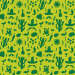 Seamless doodle vector pattern with mexican festive symbols silhouettes: foods, cactuses, sombrero, pepper.