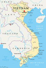 Vietnam Political Map With Capital Hanoi, National Borders, Important Cities, Rivers And Lakes. English Labeling And Scaling. Illustration.