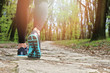 Woman running in nature, closeup on shoe. Sport, fitness jogging, active lifestyle concept