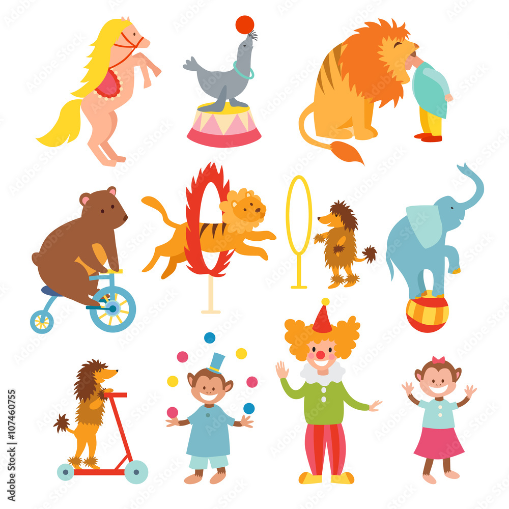 Cute circus animals and funny clowns collection vector illustration ...