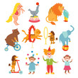 Cute circus animals and funny clowns collection vector illustration.