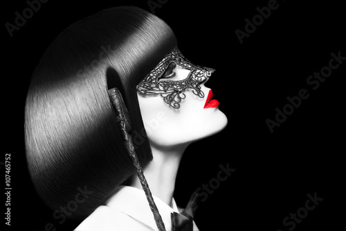 Sexy woman with red lips mask and whip selective coloring bdsm Poster
