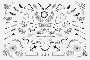 hand drawn vintage floral elements. set of flowers, arrows and decorative elements.