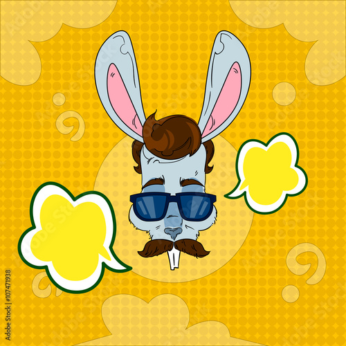 Naklejka - mata magnetyczna na lodówkę Rabbit Wear Glasses Mustache With Chat Dialog Bubble Pop Art Colorful Retro Style