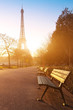 sunny morning in Paris, bench in park near Eiffel tower, France