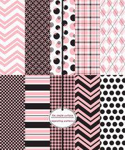 Pink And Black Seamless Pattern Set. Repeating Patterns For Gift Wrap, Fabric, Backgrounds, Scrapbooking And More. Abstract, Chevron, Polka Dot, Plaid, Argyle, And Stripe Prints. Feminine.