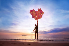 Love Concept, Man Flying With Heart From Balloons, Fall In Love