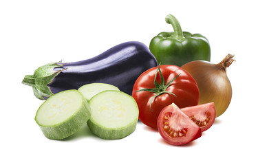 Wall Mural - Ratatouille ingredients green pepper aubergine tomato onion isol