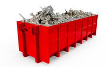 Red Rubble Container Perspective Front View Isolated On White Background. 3D Rendering, 3D Illustration.