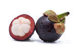 Mangosteen with water drops on white background