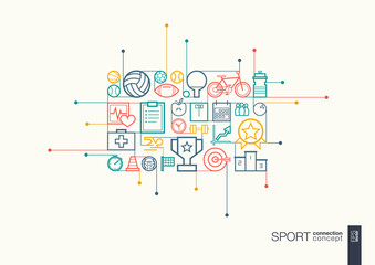 Wall Mural - Sport integrated thin line symbols. Modern linear style vector concept, with connected flat design icons. Abstract background illustration for training, tennis, bicycle, soccer, rugby, fitness concept