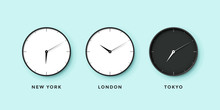 Set Of Day And Night Clock For Time Zones Different Cities. Black And White Watch On A Mint Background. Vector Illustration