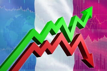 Poster - Composite image of red and green jagged arrows