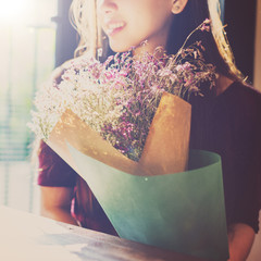 Woman Bouquet Cheerful Bar Waiting Flower Concept