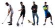 Group of sport people playing golf, tennis, football and skate