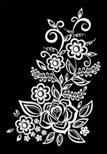 beautiful monochrome black and white flowers and leaves isolated.