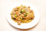 Fototapeta  - Rice with Beef & Broccoli Served on a White Plate
